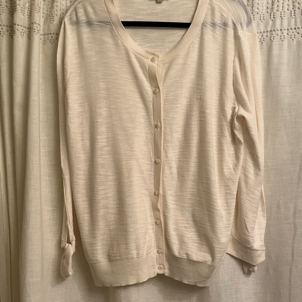 LOFT Cream Button-Front Tie-sleeve Lightweight Cardigan